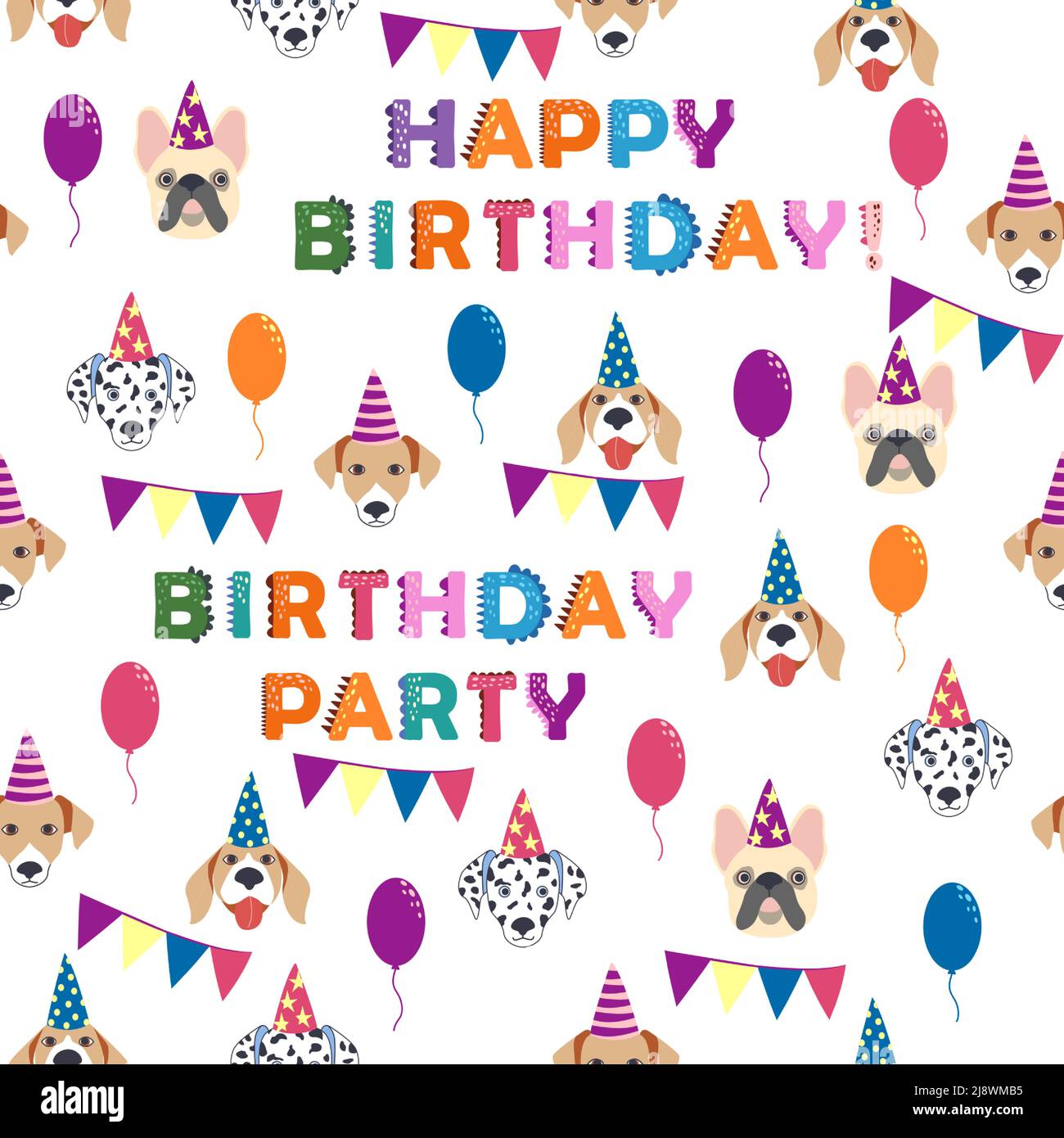 Happy birthday seamless pattern with cartoon dogs of the Dalmatian ...