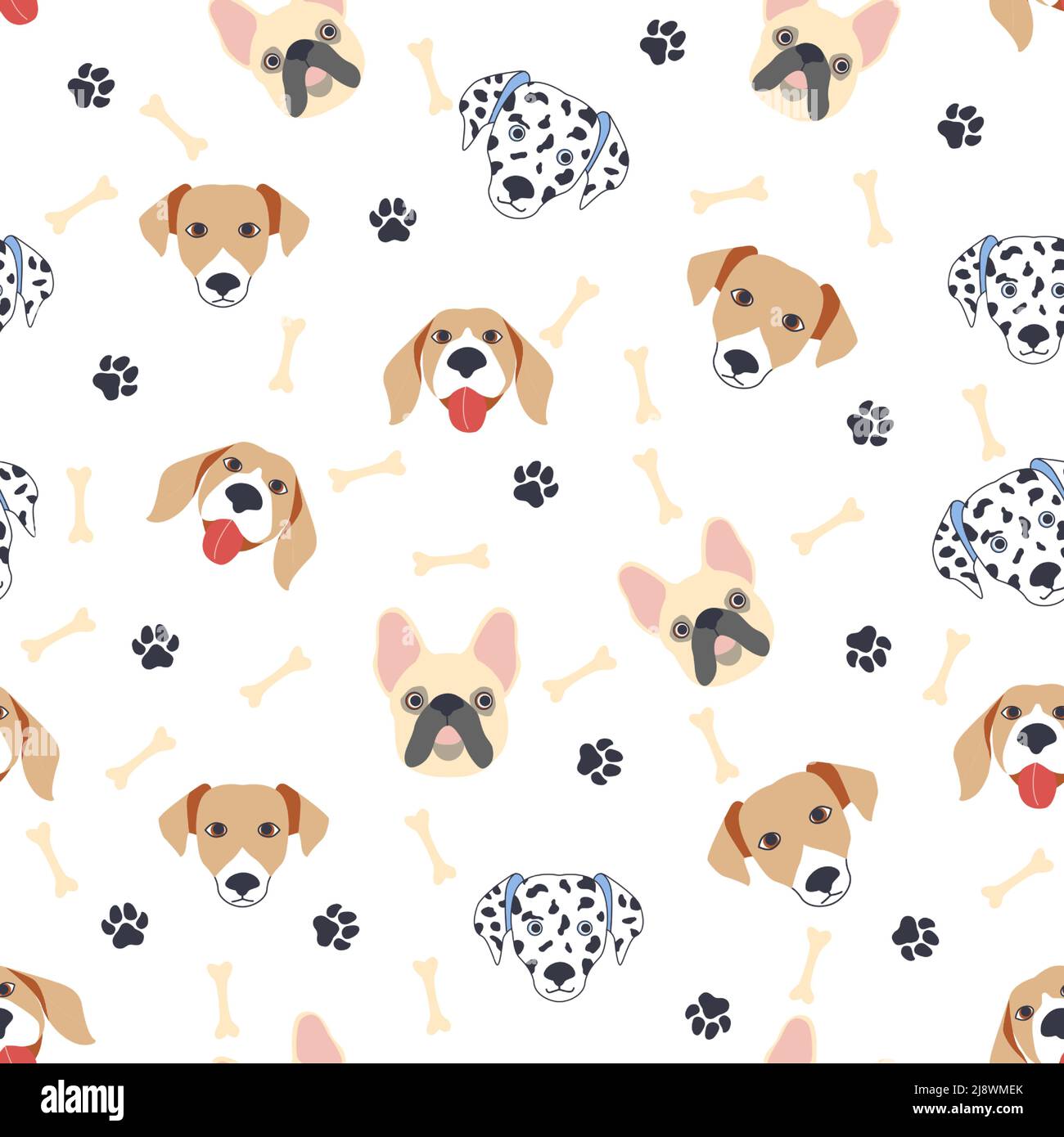 Seamless patterns with cute cartoon dogs muzzles. Dalmatian, Terrier ...
