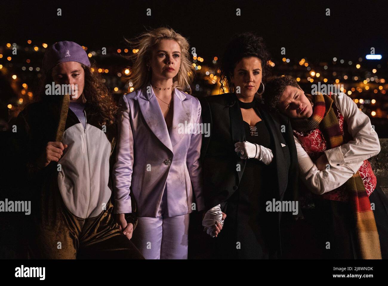 Undated handout photo issued by Channel 4 of (left to right) Orla Mccool (Louisa Clare Harland), Erin Quinn (Saoirse Monica Jackson), Michelle Mallon (Jamie-Lee O'Donnell),James Maguire (Dylan Llewellyn) in Derry Girls. The hit Channel 4 comedy series came to an end with an extended special episode exploring the key moment in Northern Irish history. Issue date: Wednesday May 18, 2022. Stock Photo