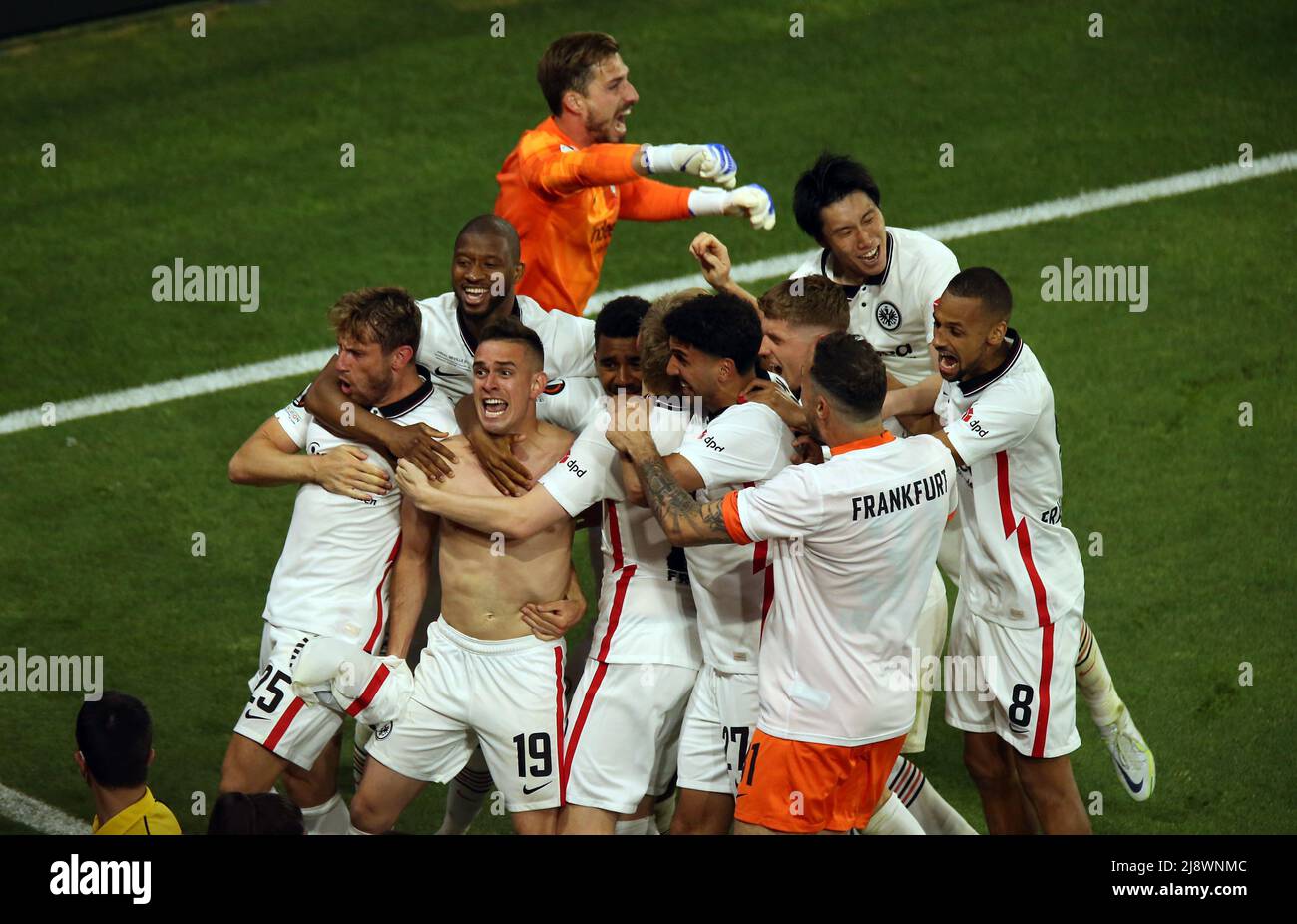 Eintracht Frankfurt's Santos Borre celebrates scoring the winning penalty in the shoot out during the UEFA Europa League Final at the Estadio Ramon Sanchez-Pizjuan, Seville. Picture date: Wednesday May 18, 2022. Stock Photo
