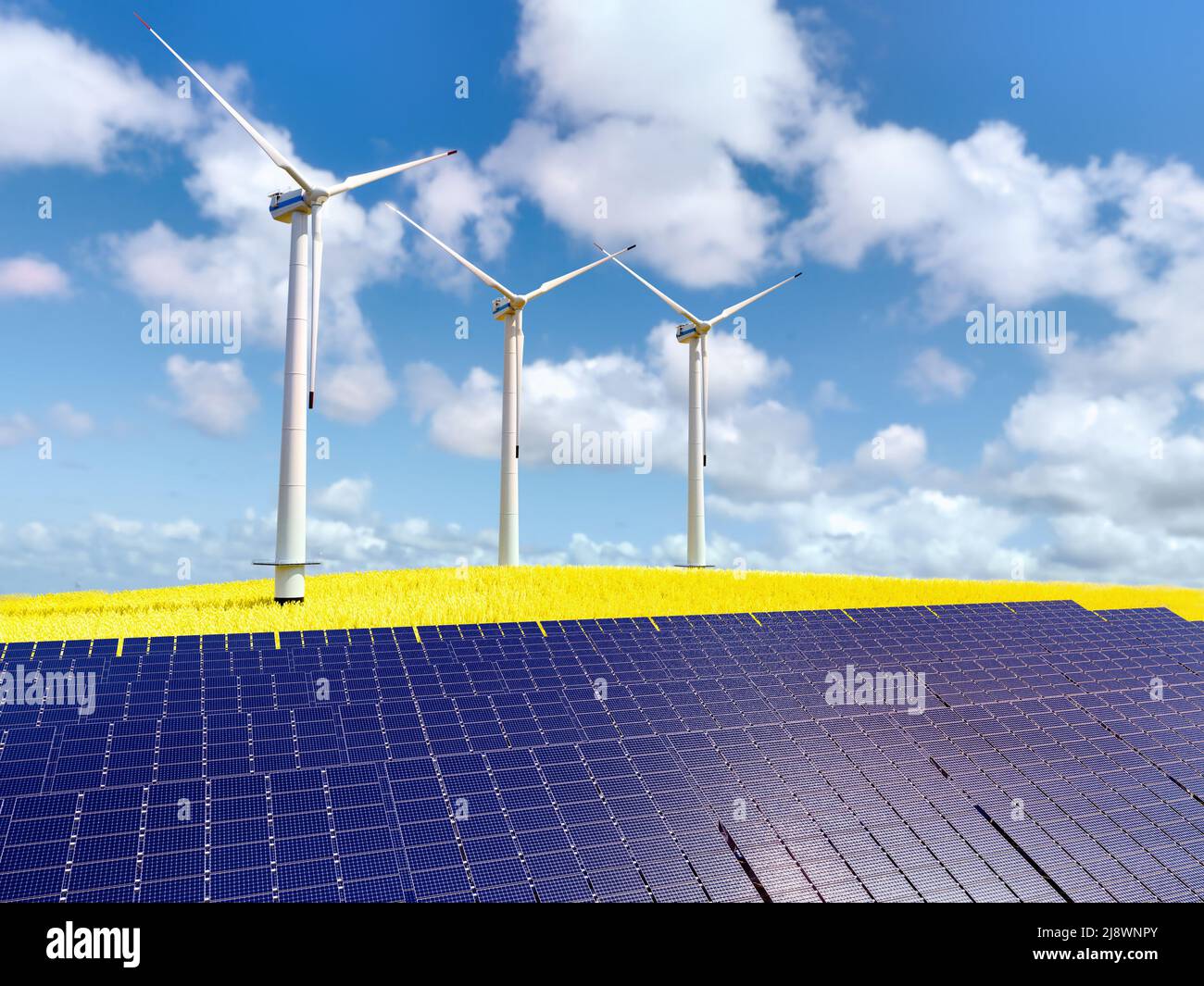 3D rendering of solar farm and wind turbines in the background on sunny day Stock Photo