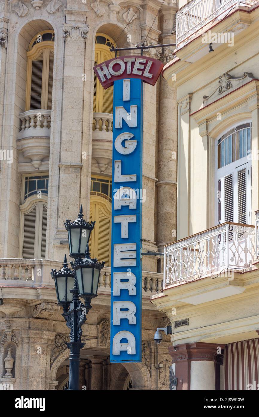 Hotel Inglaterra sign, Paseo del Prado, Old Havana, Havana, La Habana, Republic of Cuba Stock Photo