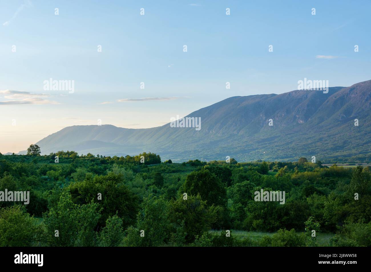 Beautiful landscape view of Suva Planina The dry mountain in Serbia at spring sunset. Natural background concept Stock Photo