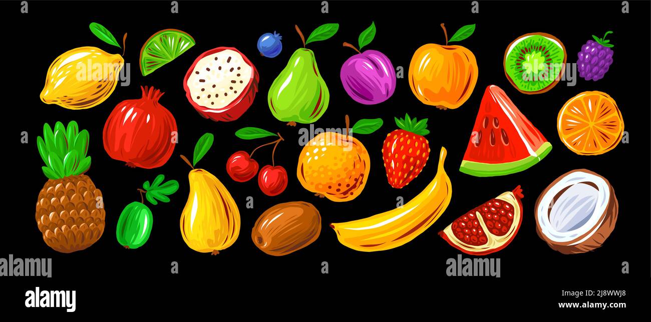Fruits set in cartoon style. Organic farm food concept. Colorful vector ...