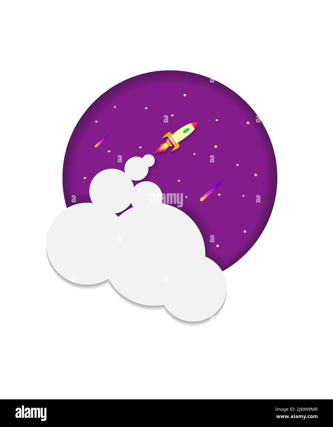 Vector image. Rocket flying into space. Paper style. Stock Vector