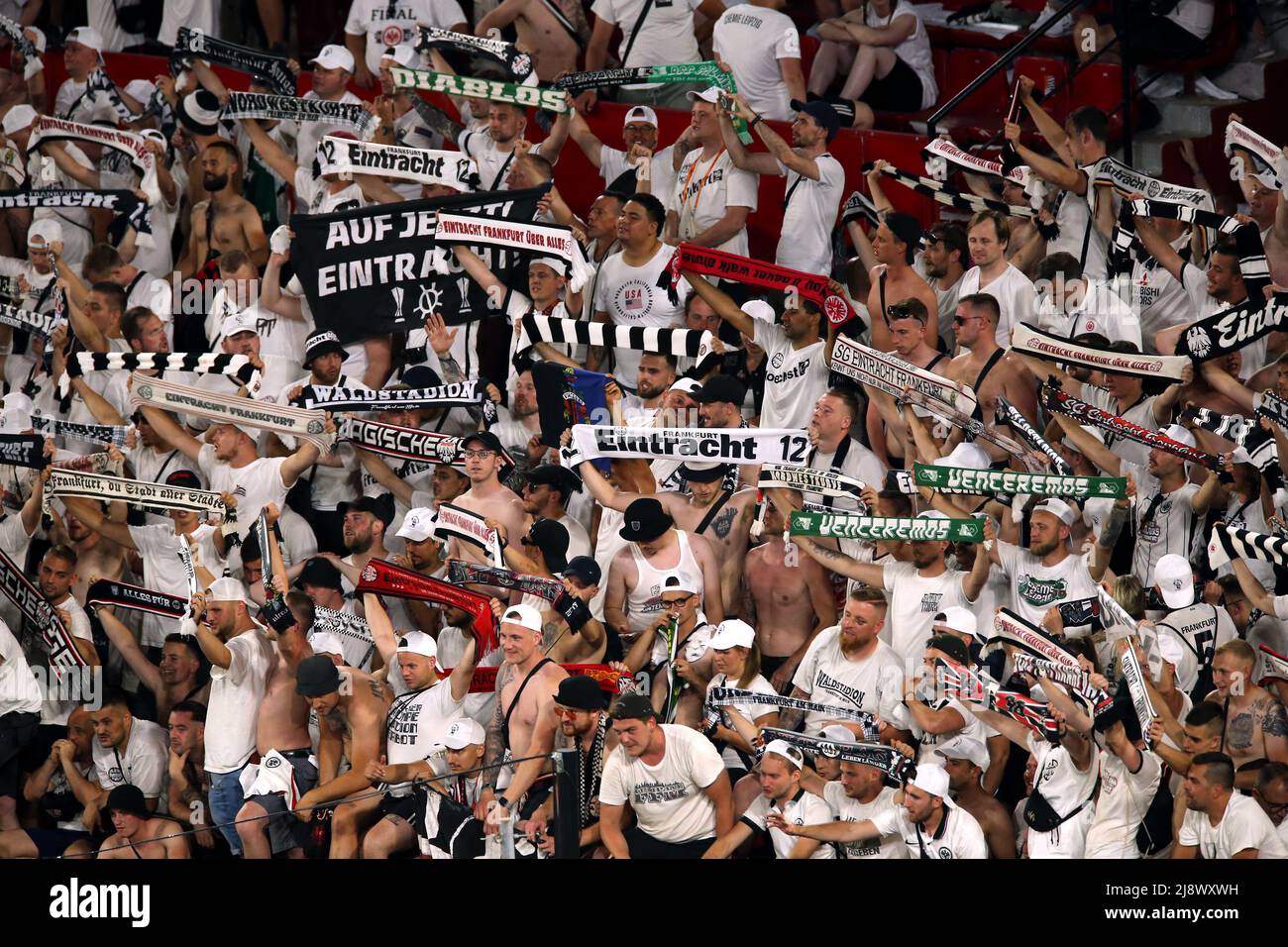 Eintracht Frankfurt fans in the stands after winning the UEFA Europa League Final at the Estadio Ramon Sanchez-Pizjuan, Seville. Picture date: Wednesday May 18, 2022. Stock Photo
