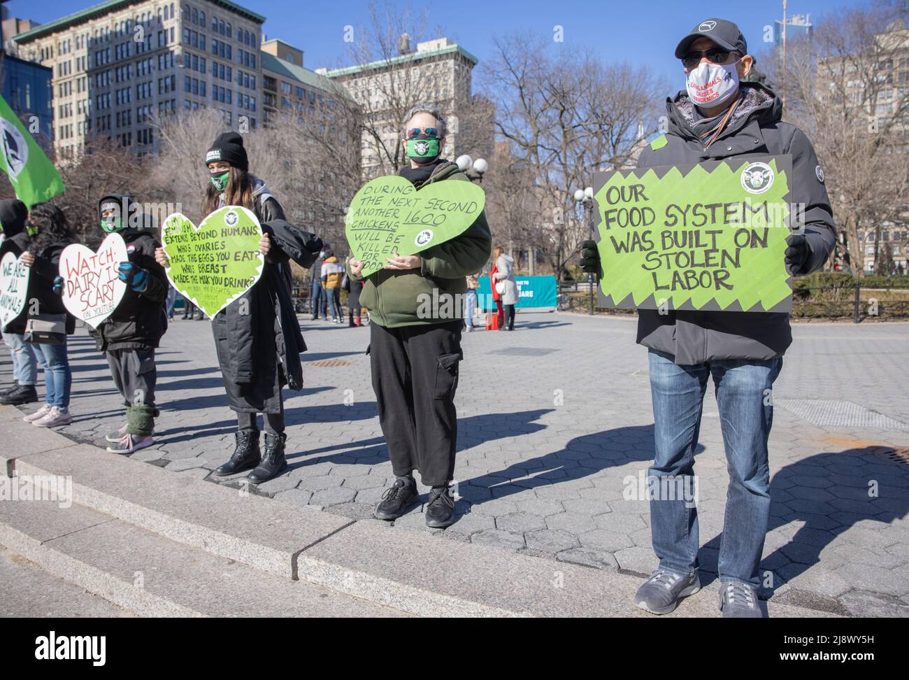 NEW YORK, N.Y. – March 7, 2021: Animal rights supporters demonstrate in New York City's Union Square Park. Stock Photo