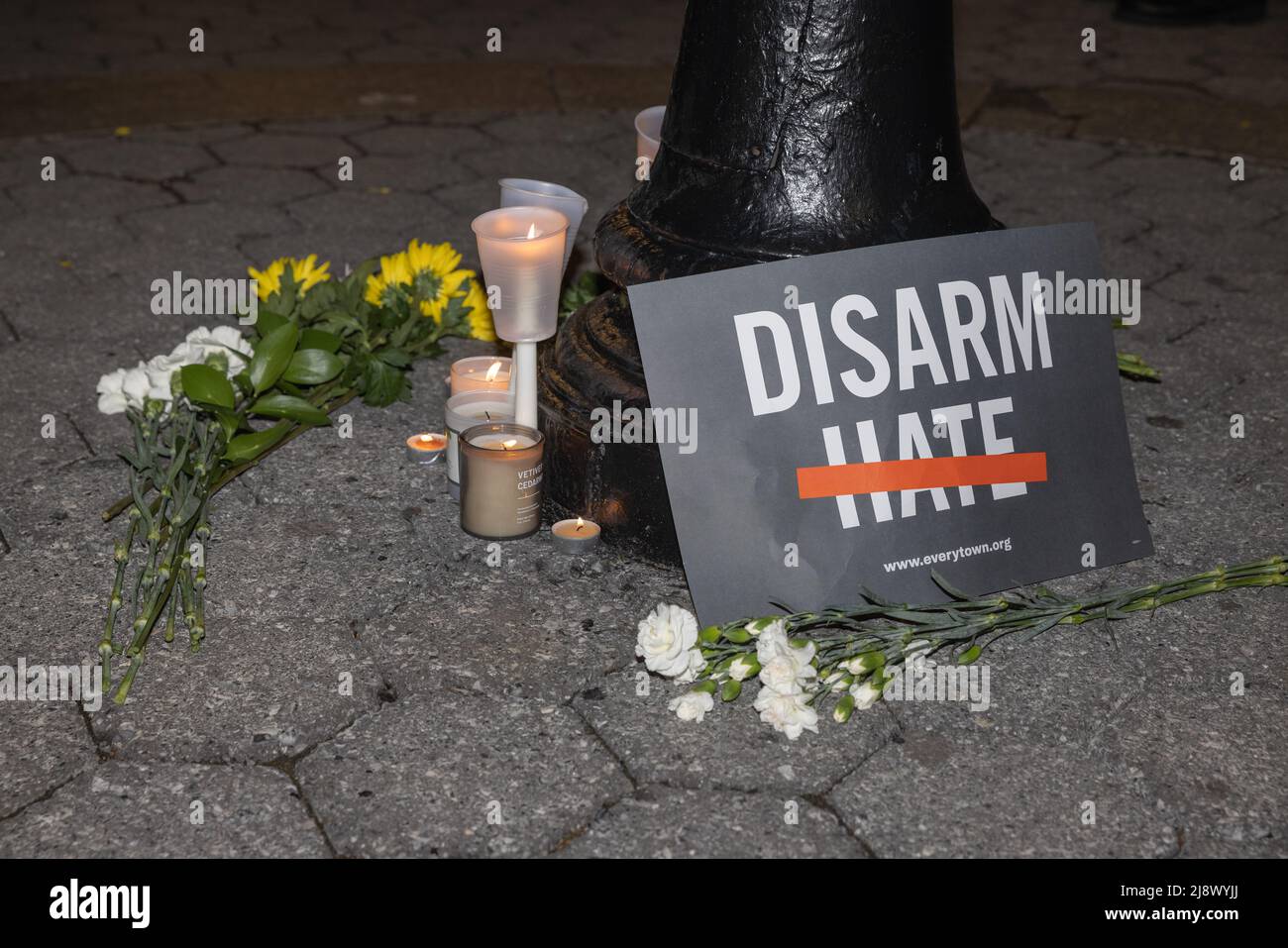 NEW YORK, N.Y. – March 19, 2021: A makeshift memorial is seen in Union Square Park during a vigil for victims of anti-Asian violence. Stock Photo