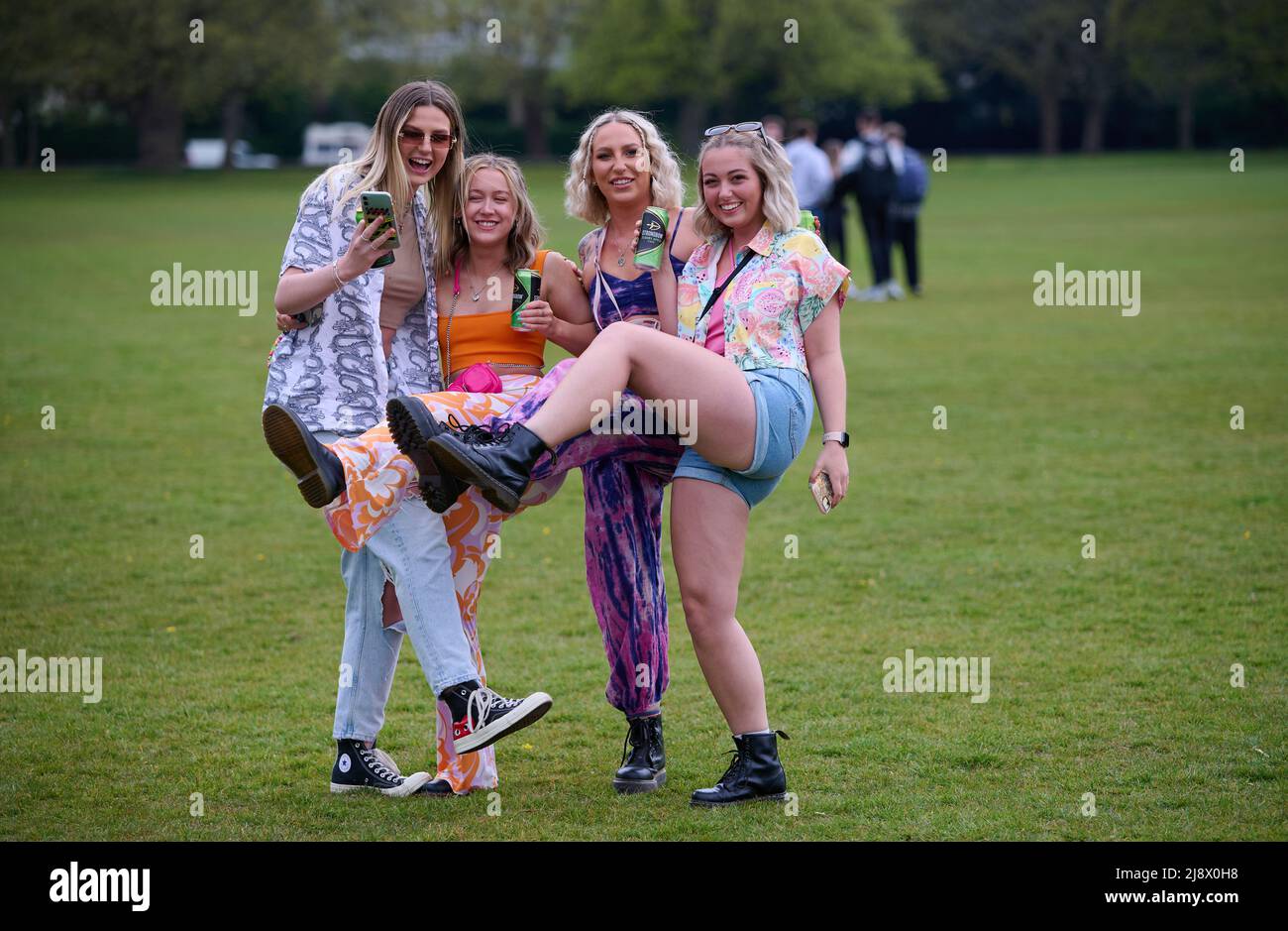Music fans arrive for the first non-socially distanced gig at Sefton Park in Liverpool on May 2, 2021. The gig is headlined by Manchester indie band Blossoms. The gig was a test pilot event by the Government for the return of live music events this Summer. Featuring: Atmosphere Where: Liverpool, United Kingdom When: 02 May 2021 Credit: Graham Finney/WENN Stock Photo