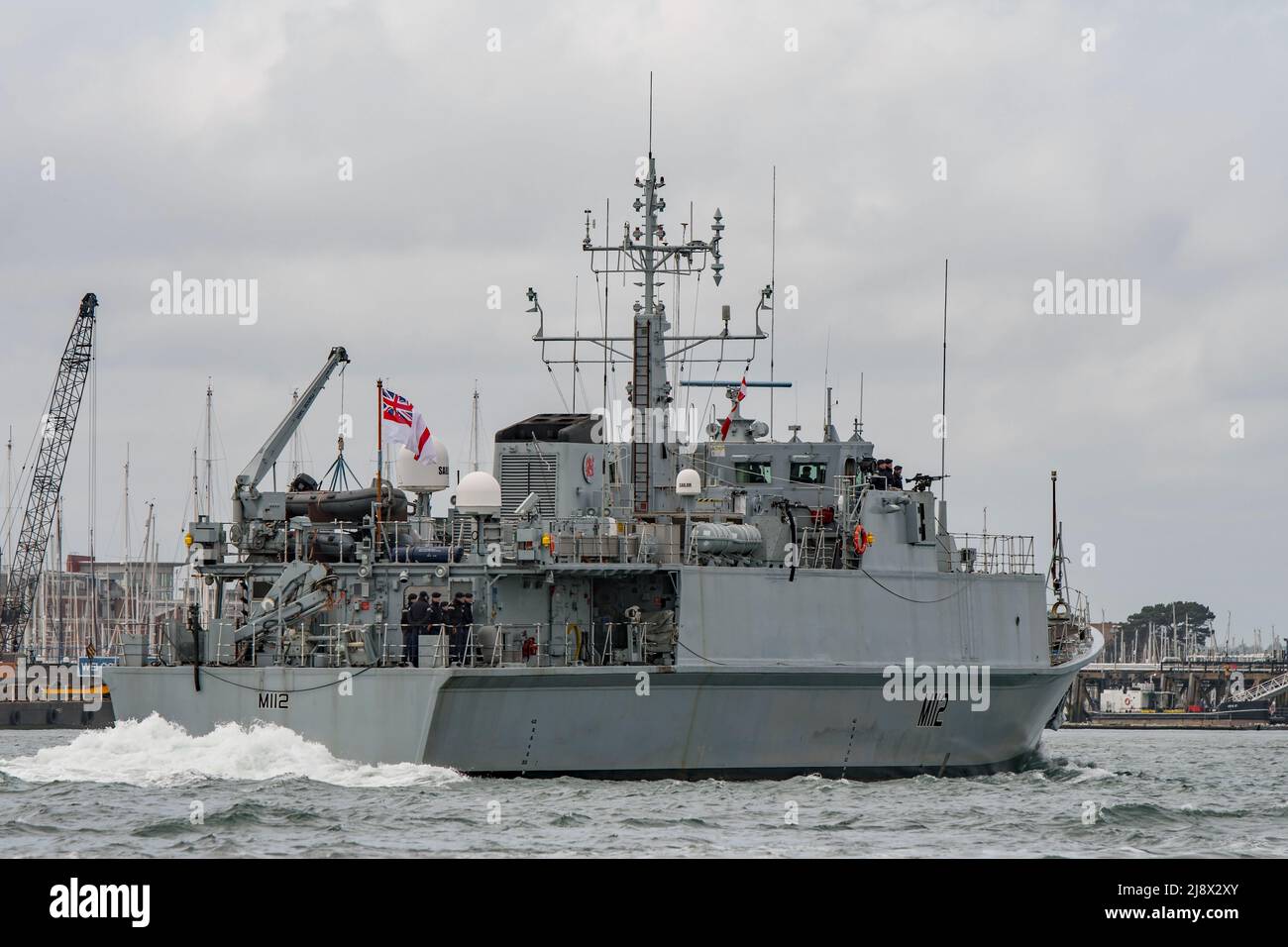 The Royal Navy mine warfare vessel HMS Shoreham (M112) in Portsmouth Harbour, UK on the 16th May 2022 for a rare port visit prior to decommissioning. Stock Photo