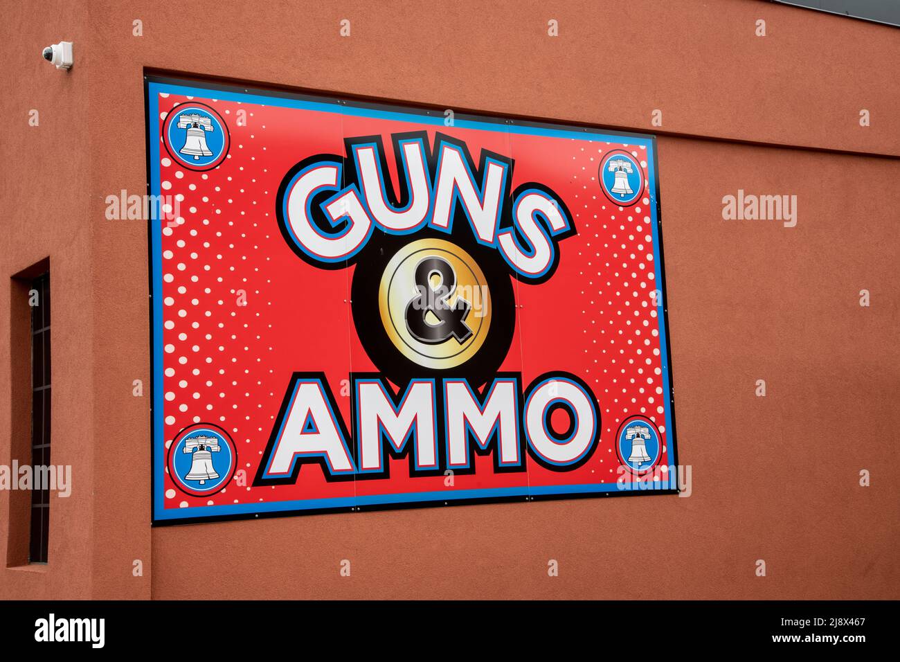 Galena, Kansas. Guns and ammo sign on Pawn shop building. Stock Photo
