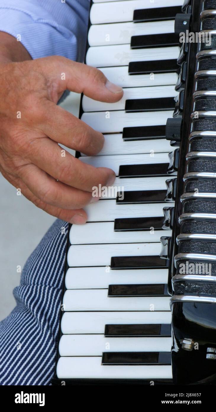 Right hand of musician and keyboard of an accordion Stock Photo Alamy