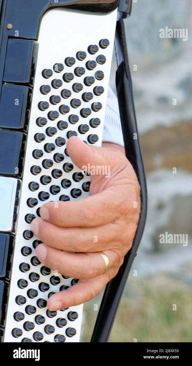 Left hand and keyboard of accordion player Stock Photo