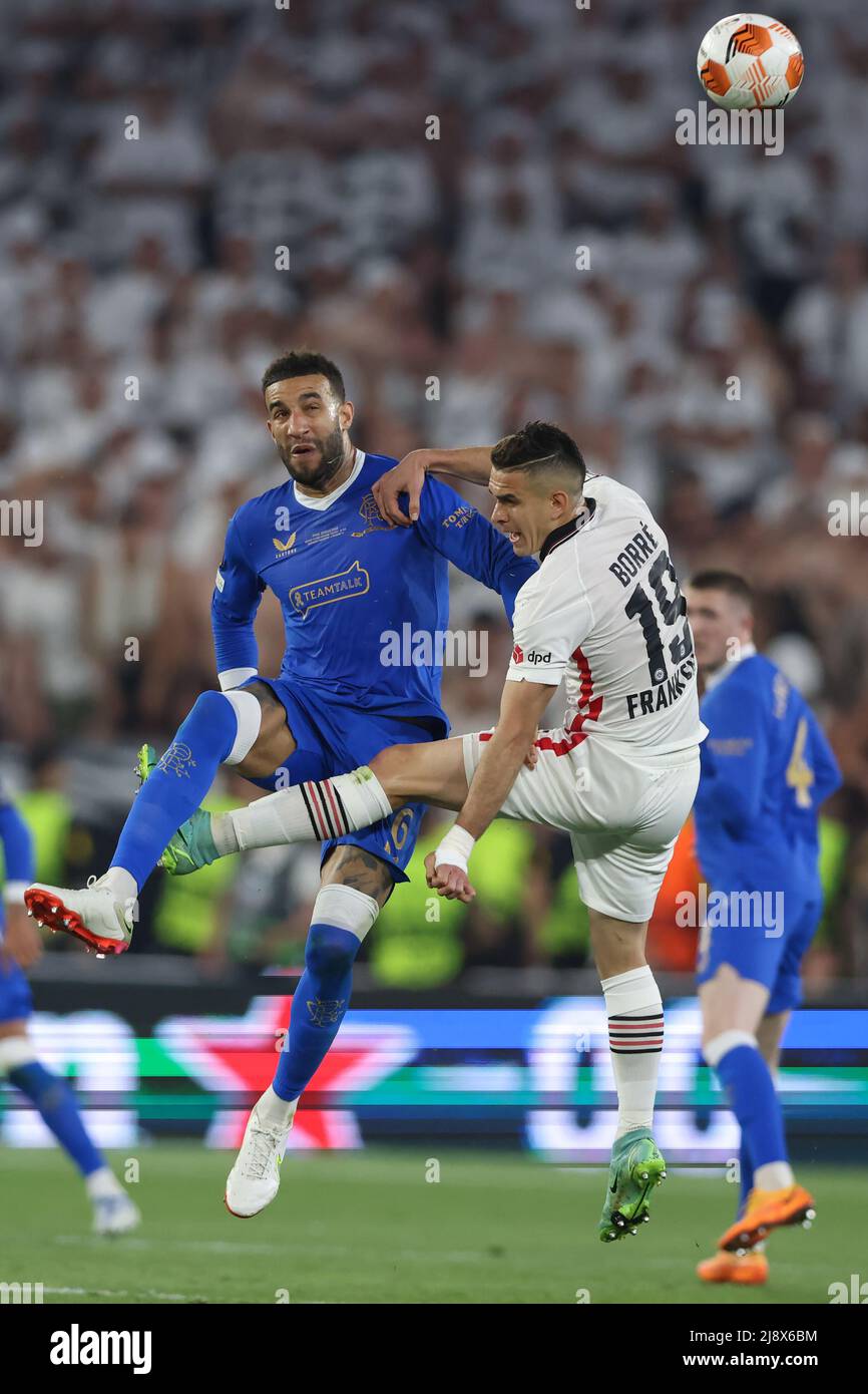 Sevilla, Spain. 17th May, 2022. Connor Goldson of Rangers battles for an aerial ball with Rafael Borre of Eintracht Frankfurt during the UEFA Europa League match at Ramon Sanchez-Pizjuan Stadium, Sevilla. Picture credit should read: Jonathan Moscrop/Sportimage Credit: Sportimage/Alamy Live News Stock Photo