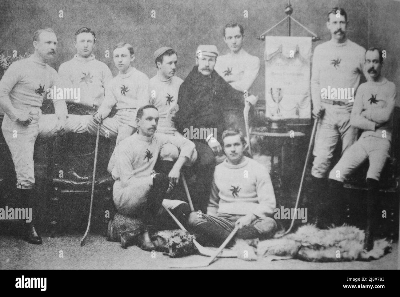 Ottawa Hockey Club, March 1891 - Back Row, L to R: H. Kirby, A. Morel, C. Kirby, H.Y. Russell, F.M.S. Jenkins, W.C. Young ?, Front Row, L to R: R. Bradley, J. Kerr  ca.  1891 Stock Photo