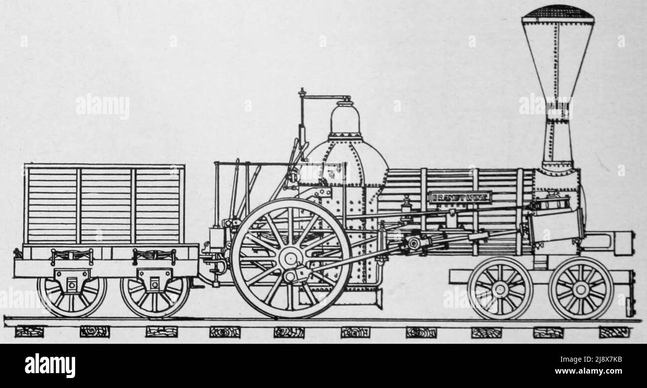 Side view drawing of the Baldwin 4-2-0 locomotive Brandywine and its tender. Brandywine was built in 1835 for the Philadelphia and Columbia Railroad  ca.  1920 Stock Photo