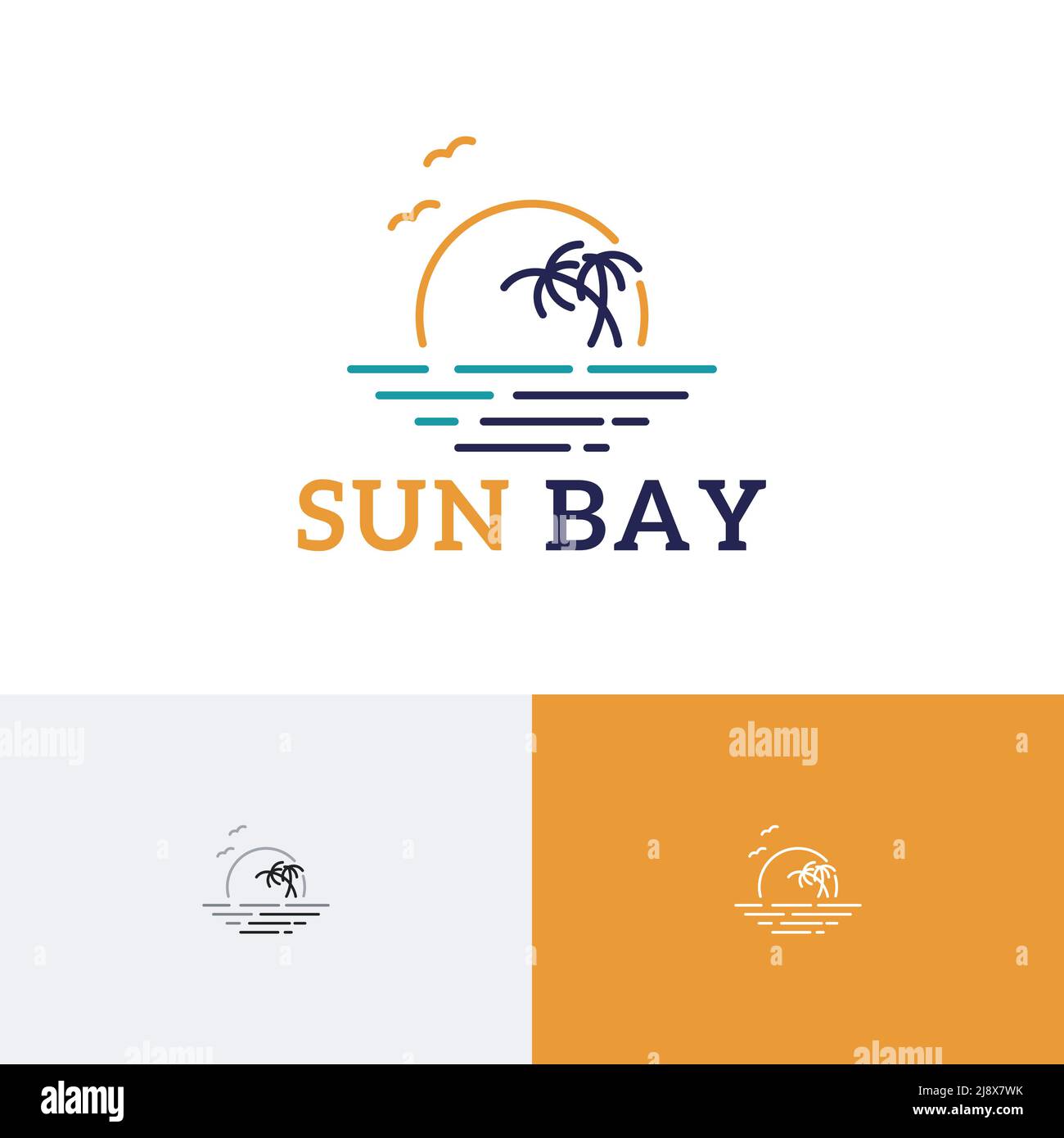 Sun Palm Bay Beach Coast Sea Nature Tour Travel Line Style Logo Stock