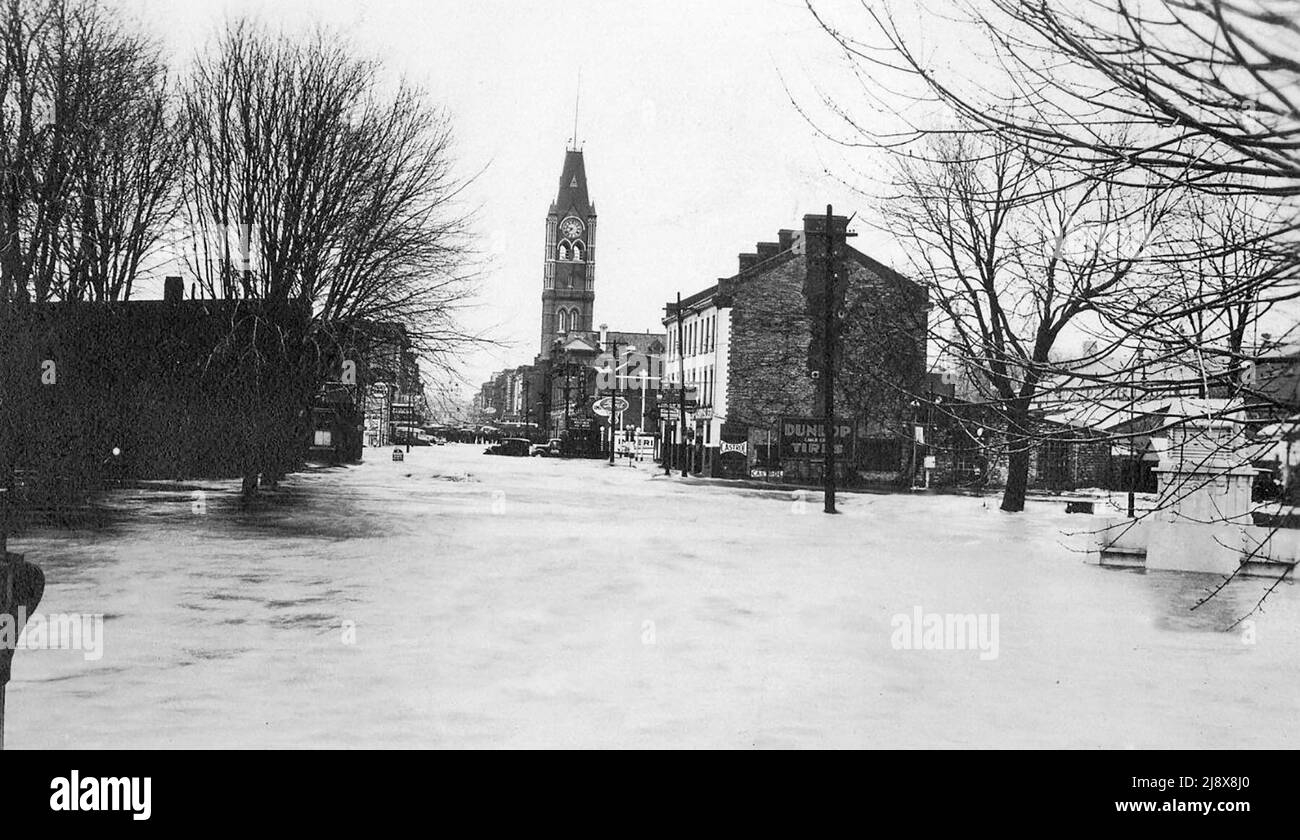 A postcard image of Front Street during the 1936 flood in Belleville, Ontario Stock Photo