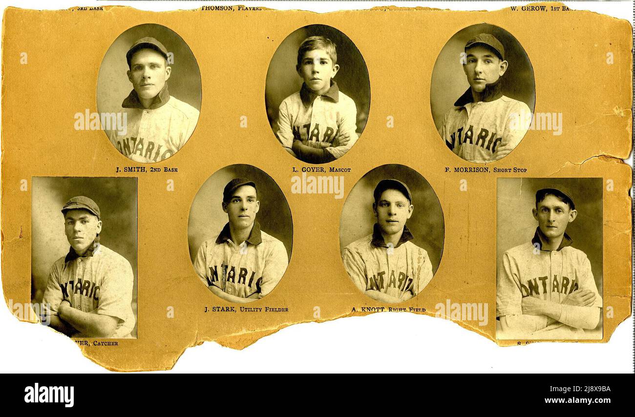 Members of the Ontario Baseball Club, Belleville. J. Smith, 2nd Base; L. Goyer, Mascot; F. Morrison, Short Stop? Catcher; J. Stark, Utility Fielder; A. Knott, Right Field?  ca.  1914 Stock Photo