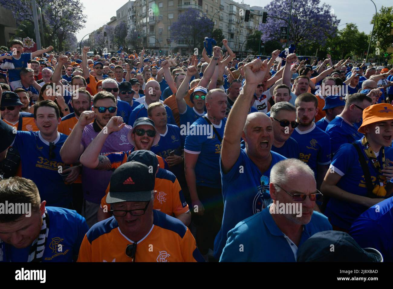 A crowd of Glasgow Rangers fans sing the songs as they walk to the stadium.  Prior to the Europa League final match between Eintracht Frankfurt and Glasgow  Rangers, at the Ramón Sánchez