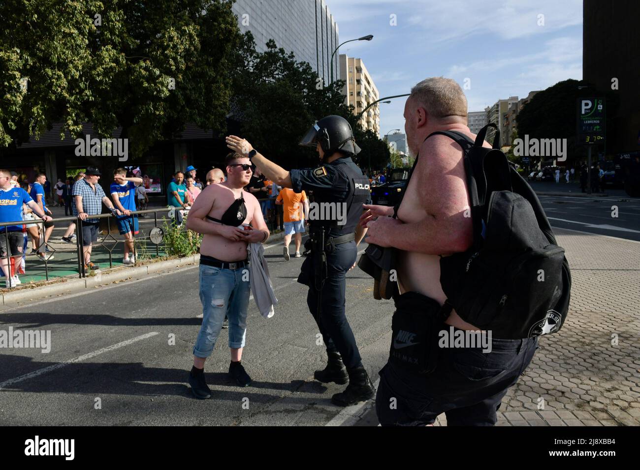 The police try to evacuate Glasgow Rangers fans before the match. Prior to the Europa League final match between Eintracht Frankfurt and Glasgow Rangers at the Ramon Sanchez Pizjuan Stadium in Seville