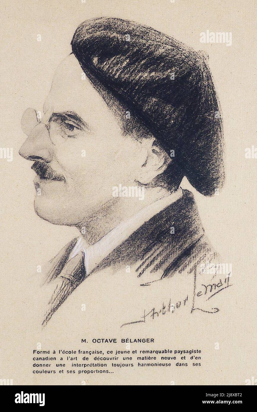 Portrait of Quebec painter Octave Bélanger, drawn by J.-Arthur LeMay, cartoonist for La Patrie newspaper Stock Photo