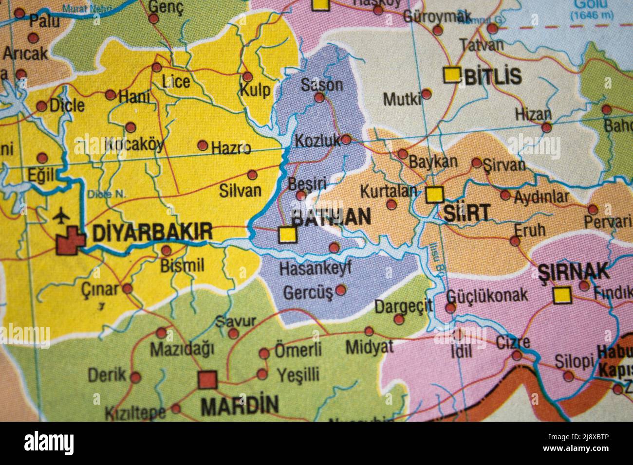 Close-up photo of Batman City in Turkey on the map Stock Photo