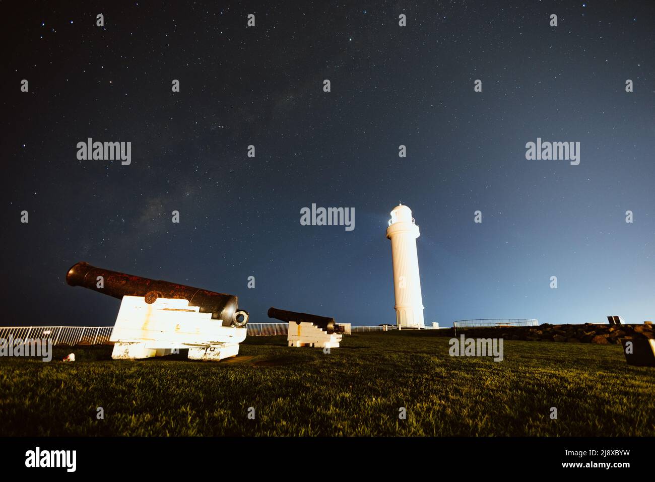 Wollongong Lighthouse at night with a starry sky Stock Photo