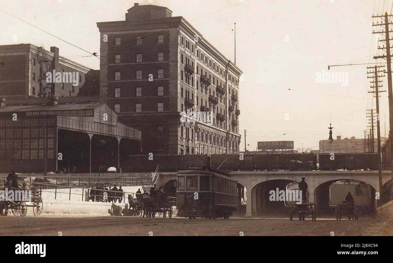 Main Street Subway, Winnipeg, looking south with the Royal Alexandra Hotel on the other side of the subway  ca.  1910 Stock Photo