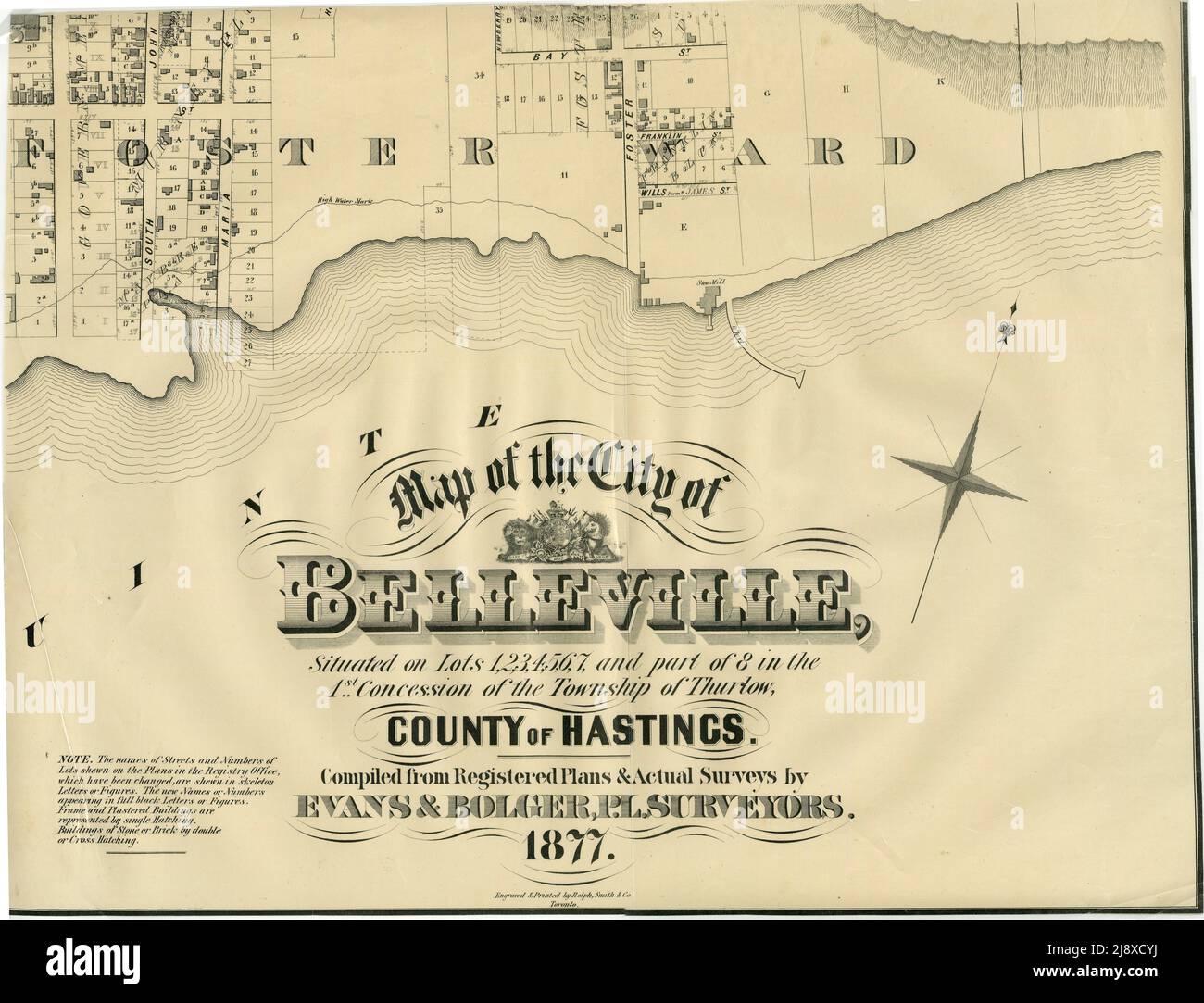 Part of the 1877 Map of the City of Belleville, Township of Thurlow, County of Hastings, Ontario, by Evans & Bolger, surveyors  ca.  1877 Stock Photo