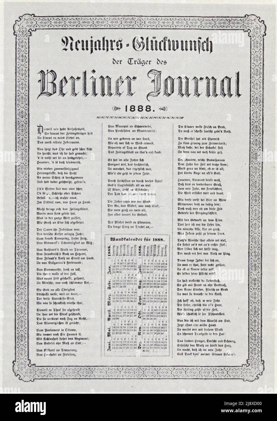 Berliner Journal, Neujahrs-Glückwunsch 1888. The newspaper published an annual broadside with a long poem to celebrate the New Year. This one was written in the local Pennsylvania German dialect  ca.  1888 Stock Photo