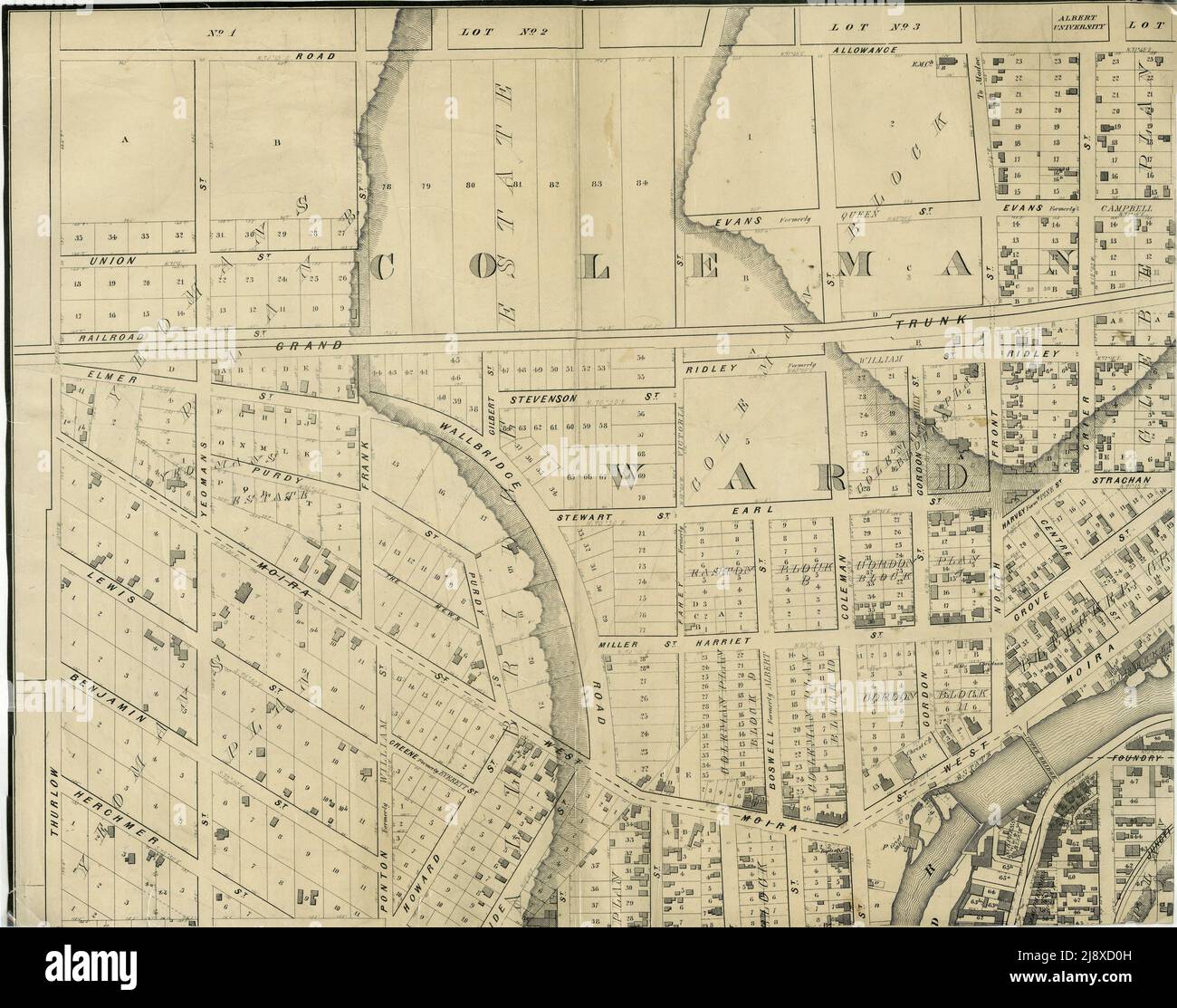 Part of the 1877 Map of the City of Belleville, Township of Thurlow, County of Hastings, Ontario, by Evans & Bolger, surveyors.  ca.  1877 Stock Photo