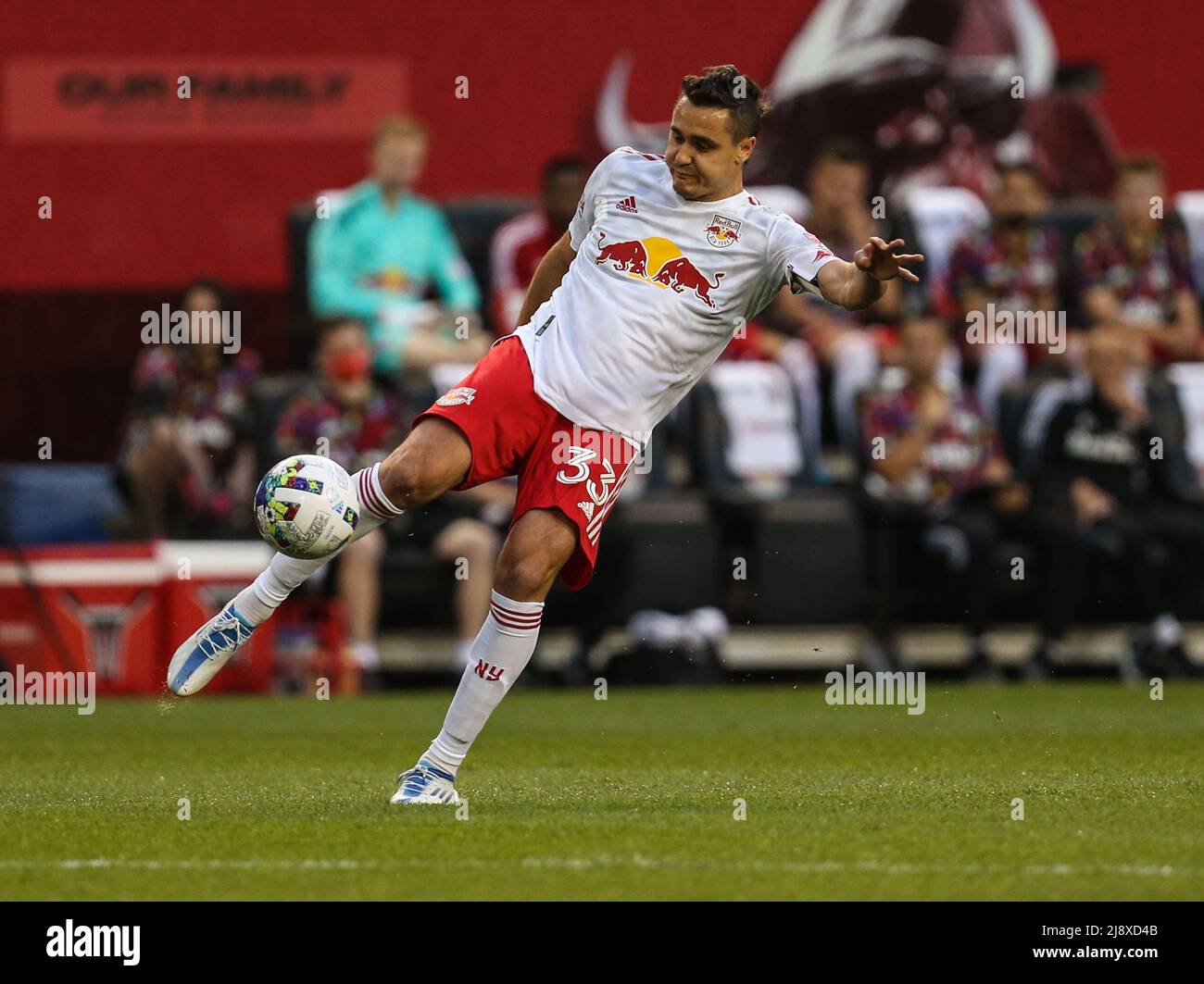 Harrison, new Jersey, USA. May 18, 2022: New York Red Bulls midfielder  Aaron Long (33) fields the ball during a MLS game between the Chicago Fire  and the New York Red Bulls