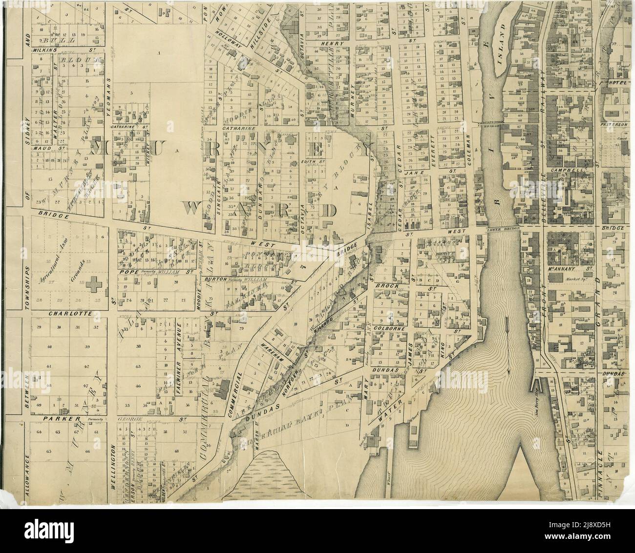 Part of the 1877 Map of the City of Belleville, Township of Thurlow, County of Hastings, Ontario, by Evans & Bolger, surveyors.  ca.  1877 Stock Photo