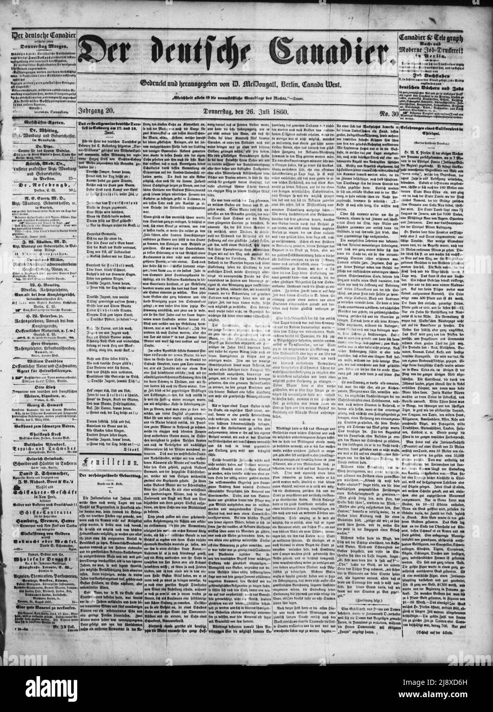 Der Deutsche Canadier newspaper front page 26 July 1860 Stock Photo