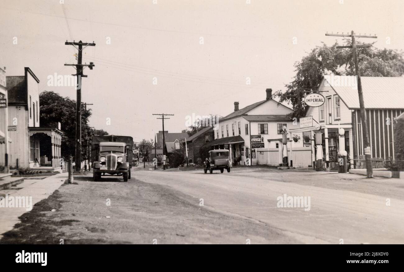 Main Street, in Kleinburg, Ontario, Canada. To the right is an Imperial Oil station Stock Photo