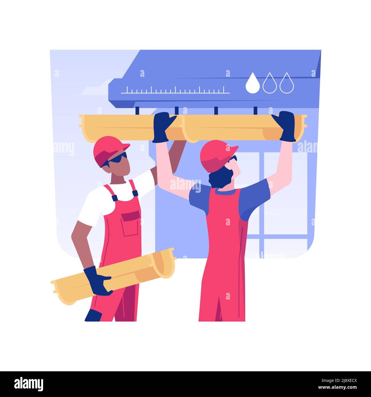 Gutter installation isolated concept vector illustration. Uniform dressed contractor installing pipes for potable water, waste drains, make a drain vents, exterior works vector concept. Stock Vector