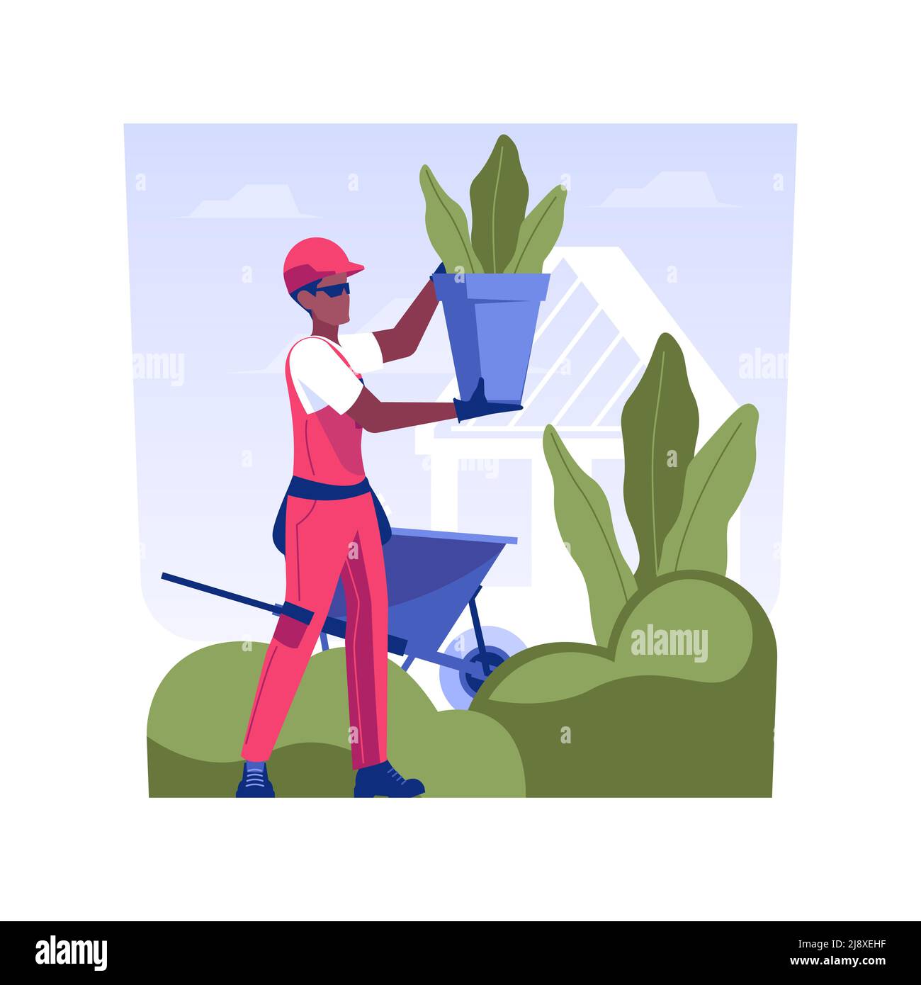 Flower bed planting isolated concept vector illustration. Group of gardeners deals with flower