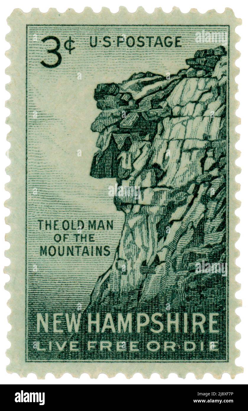 Issued in 1955, this postage stamp shows the rock formation known as the Old Man of the Mountains. Unfortunately, this symbol of the state collapsed on May 3, 2003. The stamp also features the state slogan, 'Live free or die.' Stock Photo