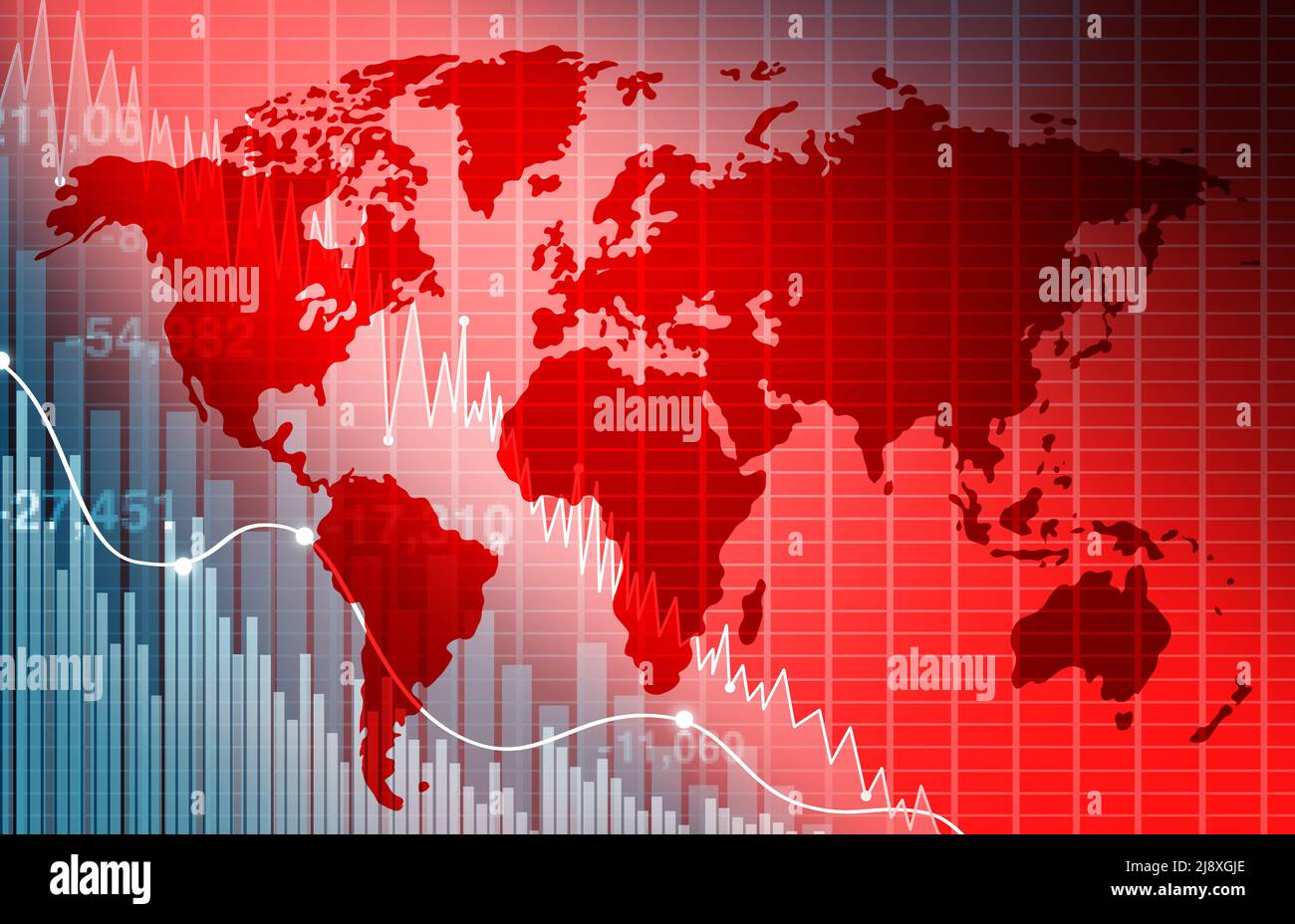 Declining World economy and business decline or economic fall and world business crisis with an international economy falling with a downward trend. Stock Photo