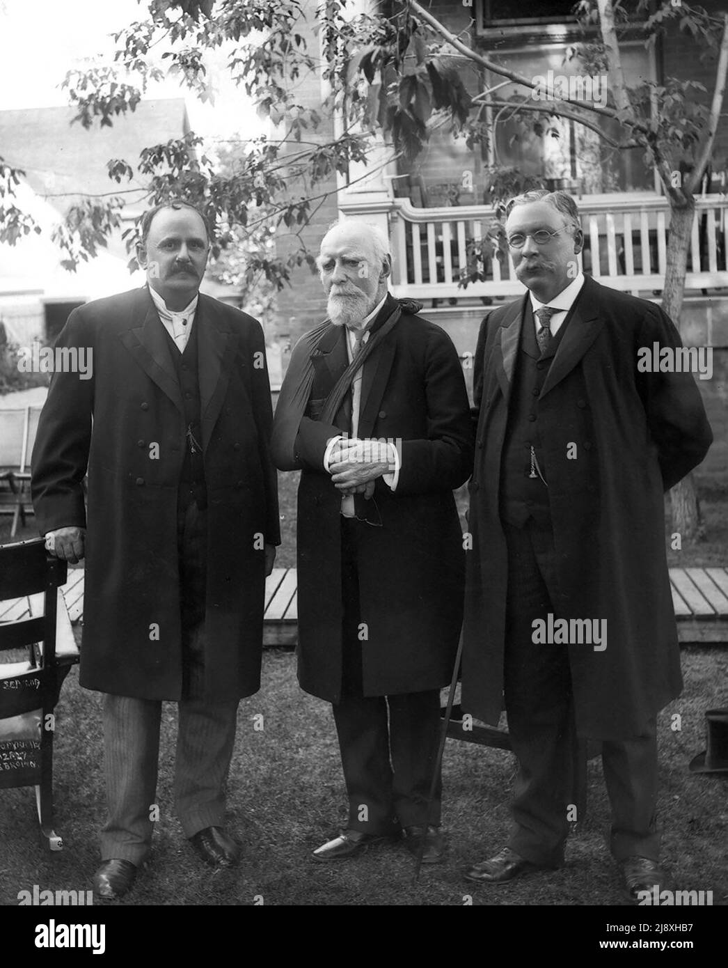 George Bulyea, Lord Strathcona, and Alexander Cameron Rutherford at Alberta's Government House  ca.  1909 Stock Photo