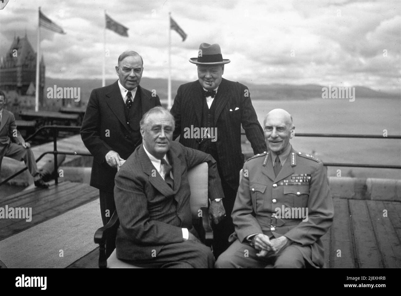 Political leaders gather for a portrait atop the Citadel of Quebec during the second Quebec Conference in Quebec, Canada, on August 19, 1943.  Clockwise, from top-left are:  Canadian Prime Minister Mackenzie King; Prime Minister Winston Churchill; the Earl of Athlone, Governor General of Canada; and President Franklin D. Roosevelt.  ca.  1943 Stock Photo