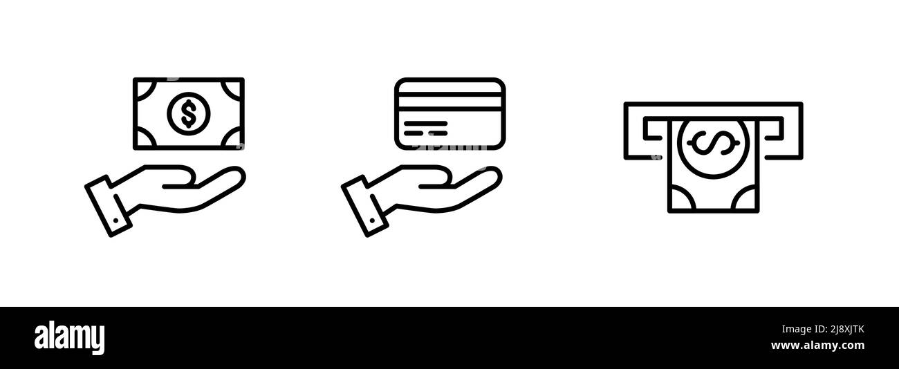 Cash, card payment and ATM money withdrawal. Pixel perfect, editable stroke line art icons Stock Vector