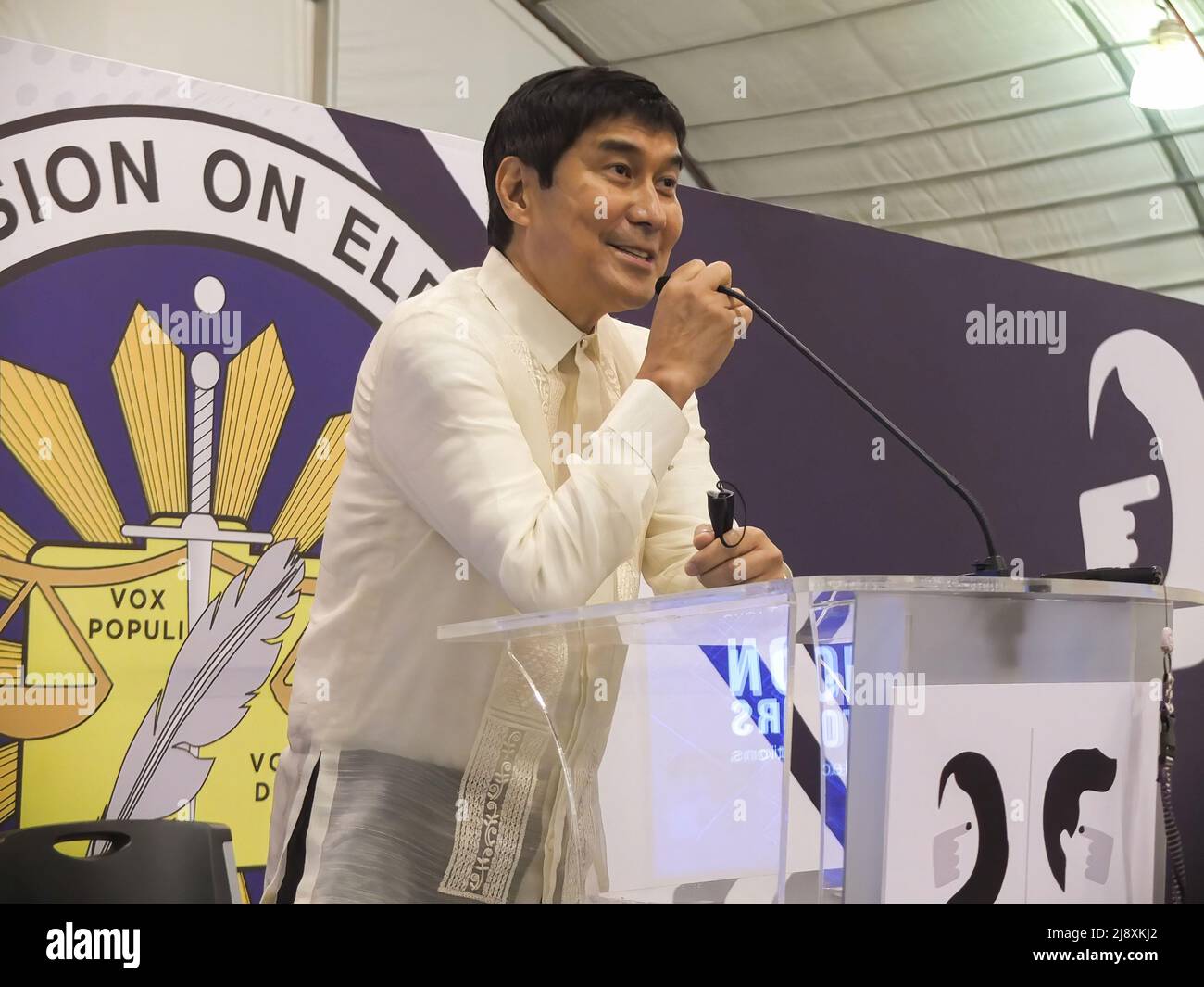 Pasay, Philippines. 18th May, 2022. Senator Raffy Tulfo delivers a speech  during a media press conference at Philippine International Convention  Center. Some newly proclaimed Philippine senators give their views and  opinions regarding