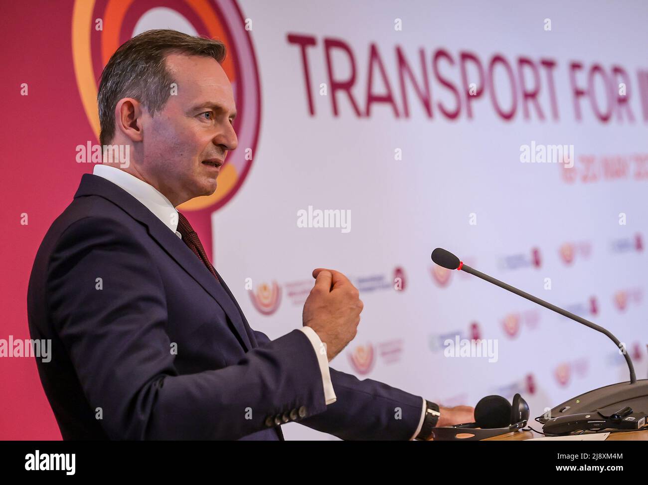 Leipzig, Germany. 18th May, 2022. Volker Wissing (FDP), Federal Minister of Transport, speaks at the International Transport Forum. Some 600 experts are expected to attend the three-day International Transport Forum, including numerous transport ministers from the 63 member states of the OECD's International Transport Forum (ITF). One focus this year should be Ukraine, with its blocked trade routes and infrastructure destroyed in the war. Credit: Jan Woitas/dpa/Alamy Live News Stock Photo