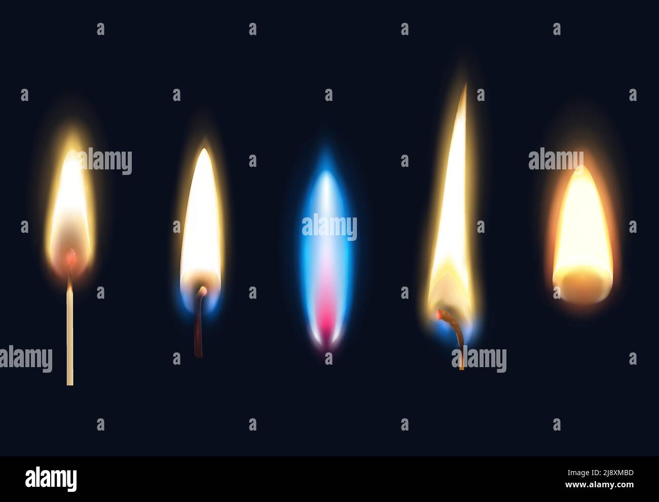 Set of realistic burning flames of matches candles and lighter isolated on black background