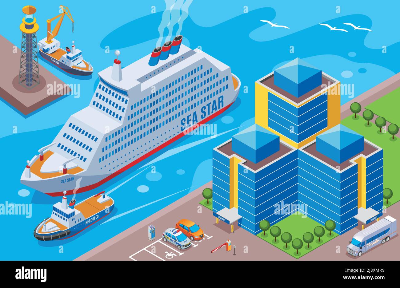 Seaport isometric colored concept with big ship named sea star sailing ...