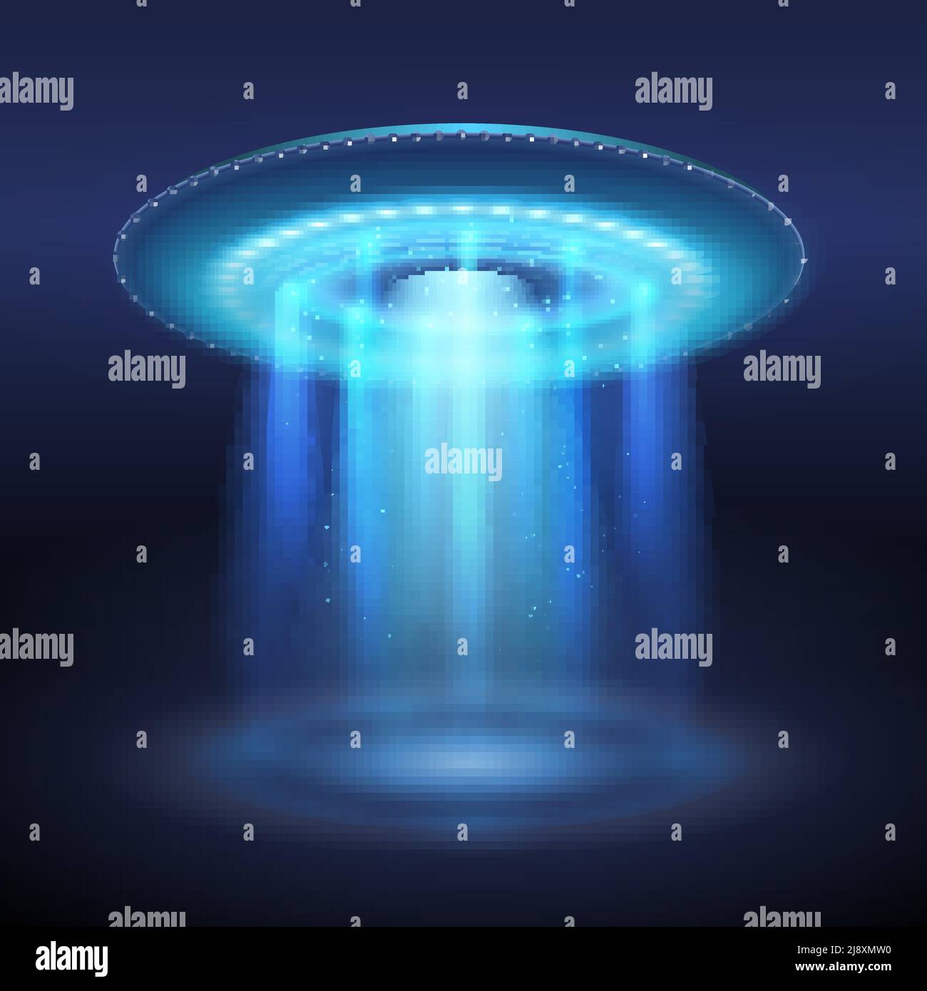 Illuminated ufo space ship with blue light portal on dark background realistic vector illustration Stock Vector