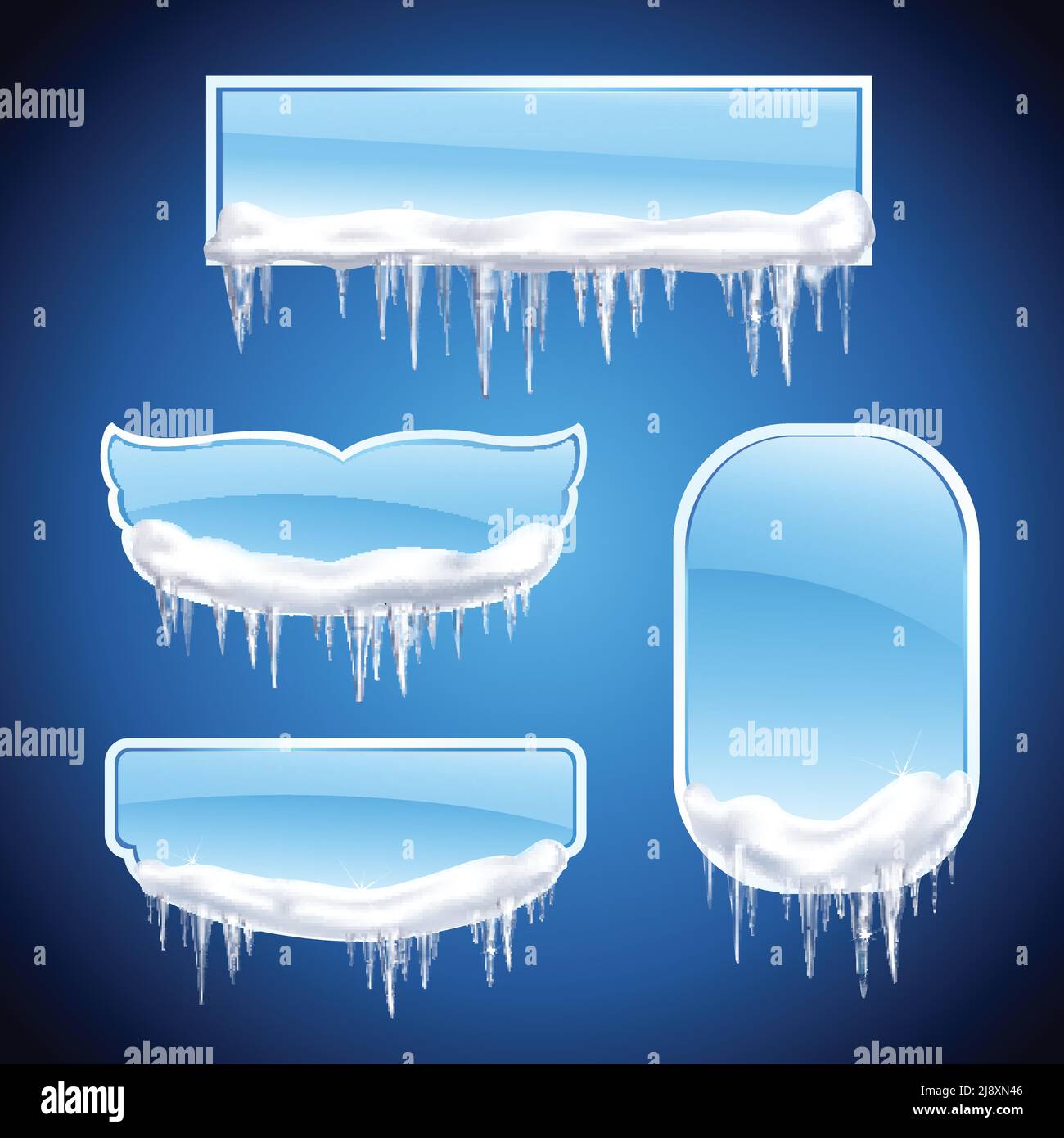 Isolated icicles frames realistic icon set with different shape windows or frames on blue background vector illustration Stock Vector