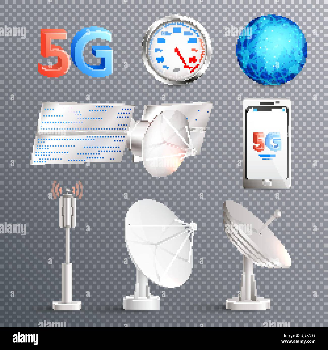 Modern mobile internet technology transparent set of isolated elements promoting signal transmission of 5g standard realistic vector illustration Stock Vector